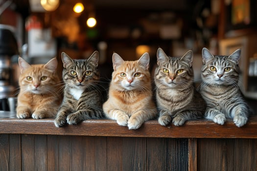 Stray cats sit on a wooden bar counter at an outdoor cafe in summer. Generated by artificial intelligence photo
