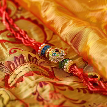 A close up of a gold and red rakhi photo