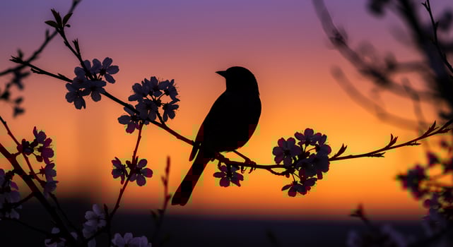 Silhouette of a Bird Perched on a Blooming Branch at Sunset photo