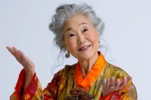 Cheerful Elderly Asian Woman in a Colorful Traditional Outfit photo