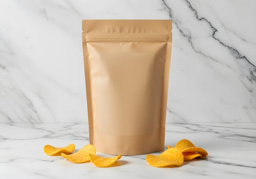 Potato Chips in Brown Package Mockup on Marble Background photo