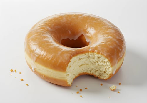 Eating Delicious Glazed Donut with Bite Taken on a White Background photo