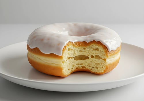 Delicious Glazed Donut with a Bite on White Plate Close Up photo