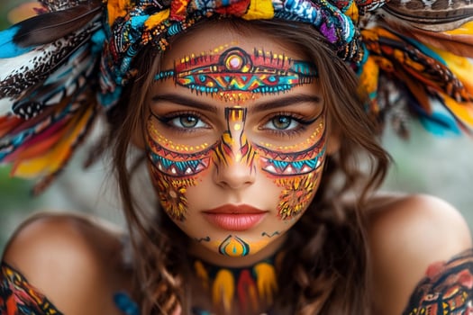 Beautiful woman with tribal face paint and feathers photo