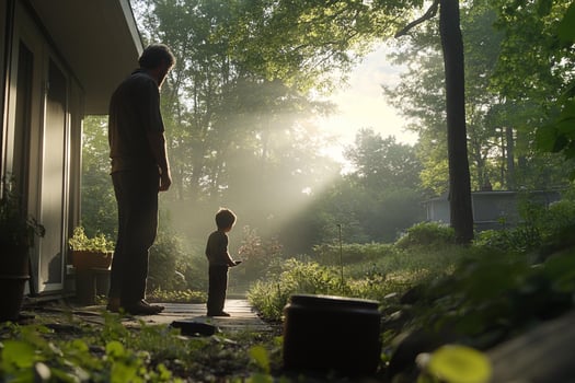 A man and a child stand in the woods photo