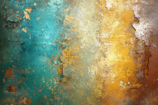 A painting of a rusty wall with gold, blue and orange paint photo