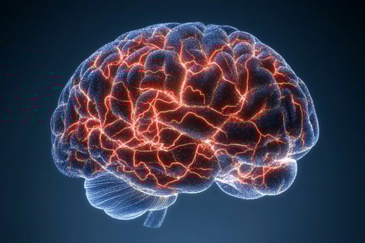 Brain anatomy highlighted with glowing blood vessels photo