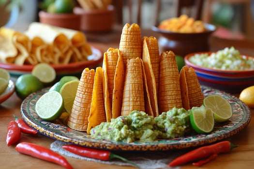 a traditional Mexican meal, with tacos, tamales, guacamole, and mole sauce photo