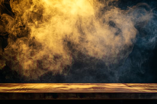 Rustic Wooden Table Against Smoky Background photo