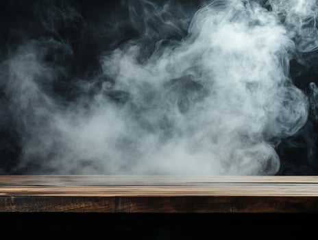 Wooden Plank with White Smoke and Black Background photo