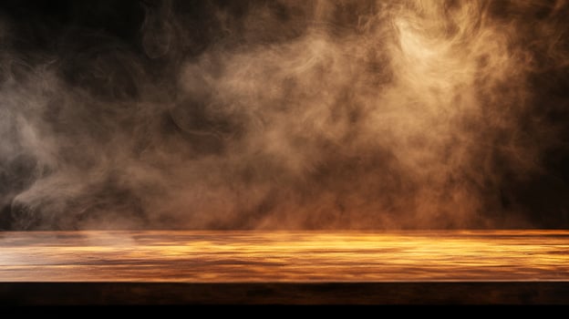 Wooden Table with Illuminated Smoke Background photo