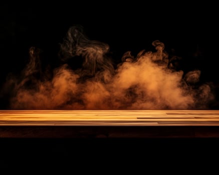 Wooden Tabletop with Orange-Brown Smoke Background photo