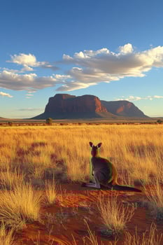 Kangaroo sits in a dry field looking at hills under a partly cloudy sky. The sun is shining during golden hour in nature. photo