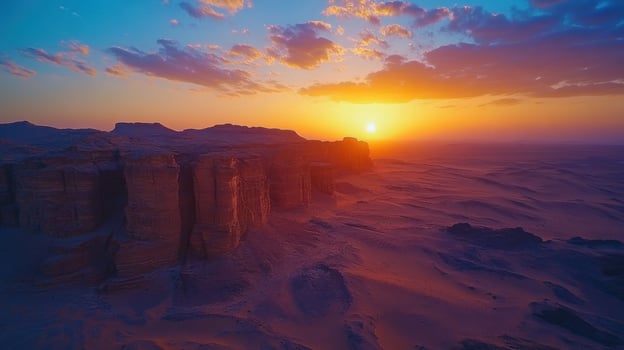 Desert rocks at sunset. Orange sun shines on sand. Cloudy sky is above the landscape. Arid land with stone cliffs and hills. photo