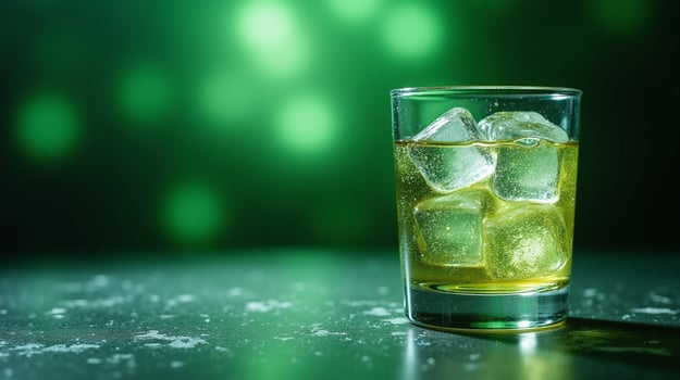 A glass with ice cubes and a greenish liquid on a blurred green background. photo