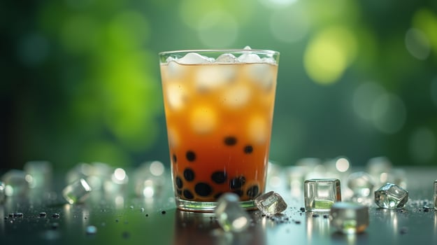 A glass of refreshing iced tea with vibrant orange hues and ice cubes on a blurred green background. photo
