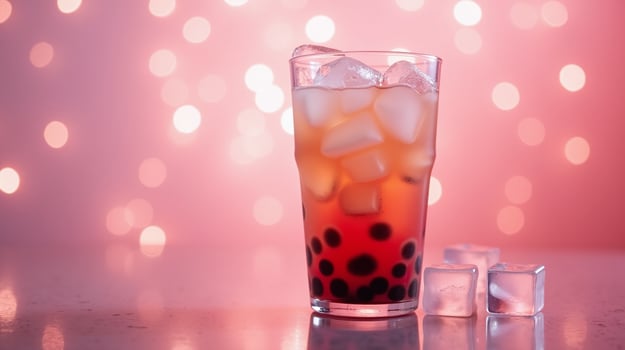 Cocktail glass filled with ice cubes, red liquid, and dark bubbles. photo