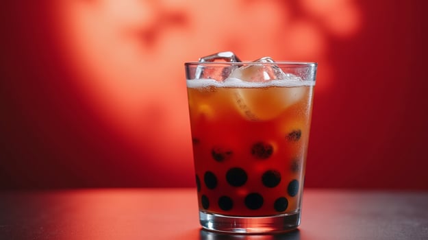 A clear glass with ice and a dark liquid in the foreground against a red background. photo