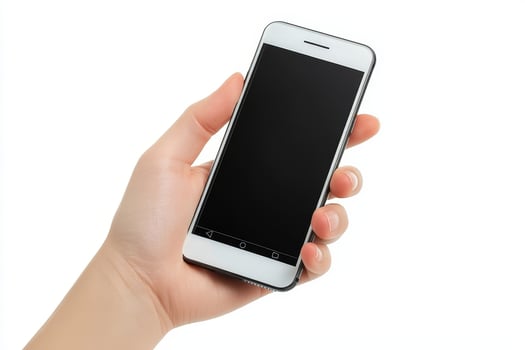 Hand holding mobile phone screen mockup, isolated on white background. photo