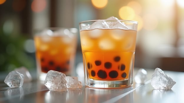 Iced beverages with boba pearls in transparent glasses. photo