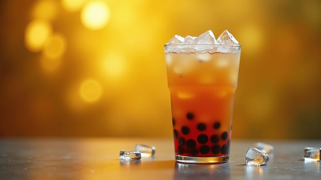A glass of iced bubble tea on a table. photo