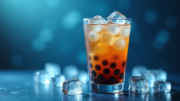 A tall glass of iced tea, garnished with ice cubes, against a blurred blue background. photo