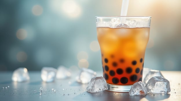 A refreshing glass of iced tea with boba pearls and ice cubes. photo