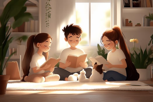 Three young people sitting on the floor reading books photo
