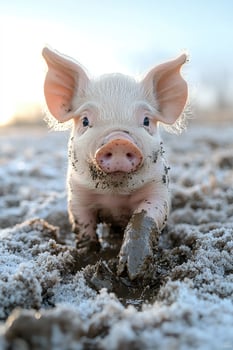 A muddy piglet plays happily in the snow photo