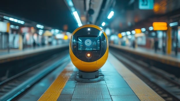 A sleek yellow train awaits at a bustling urban station, symbolizing the blend of technology and transportation. Passengers navigate the space while monitoring occurs for security. photo