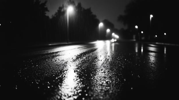 Black and white photo of a wet street at night