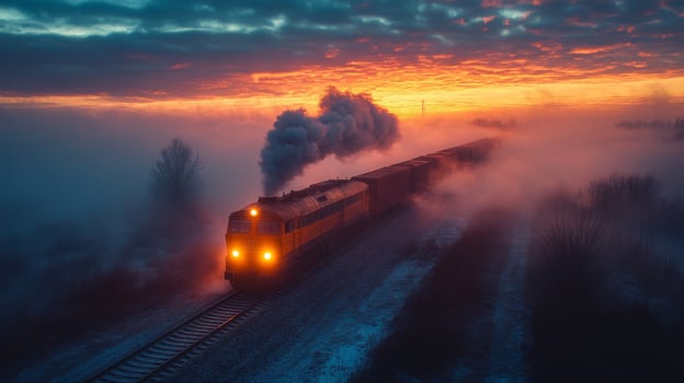 A freight train moves steadily along the tracks, carrying cargo through a misty environment as the sun rises, casting a warm glow across the landscape. Smoke billows from the engine. photo
