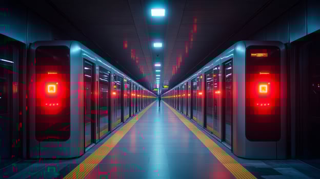 An automated subway station features advanced lighting and security measures. photo