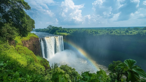 Waterfall plunges with rainbow colors. Lush green forest landscape around river and falls. Sunny skies and white clouds above. Natural beauty. photo