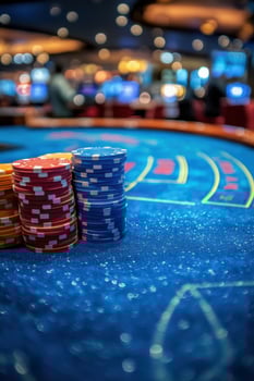Casino Chips Stacked on Blue Table. Gambling with risk concept. Poker chips. Colorful stacks. photo