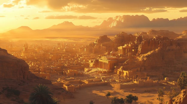 Desert city at sunset. Ancient ruins and mountains are visible. Golden light bathes the land. Sand and stone architecture detail landscape view. photo