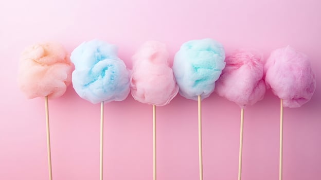 Colorful cotton candy sticks resting on pink background photo