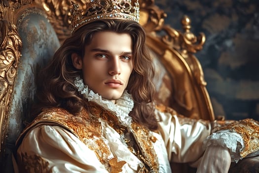 Majestic king sitting on golden throne wearing ornate clothing and crown photo