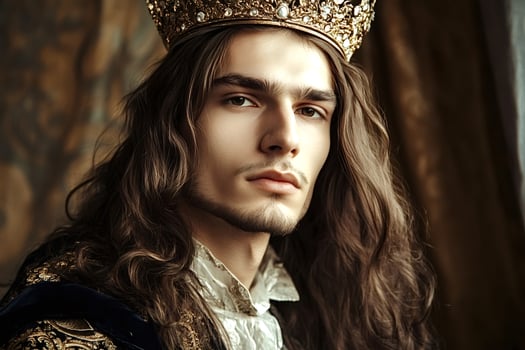 Portrait of majestic king wearing ornate golden crown photo