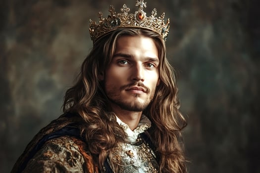 Majestic king wearing ornate golden crown and medieval garments photo