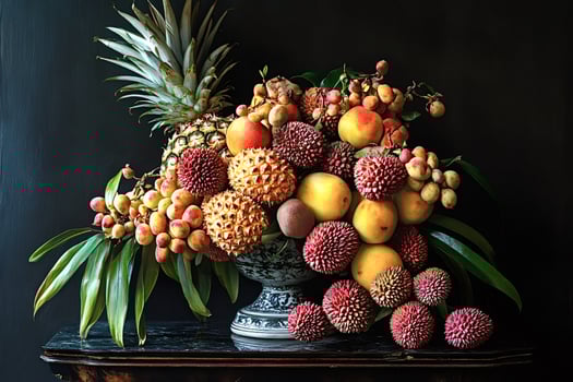 Exotic fruits overflowing a decorative bowl on a table photo