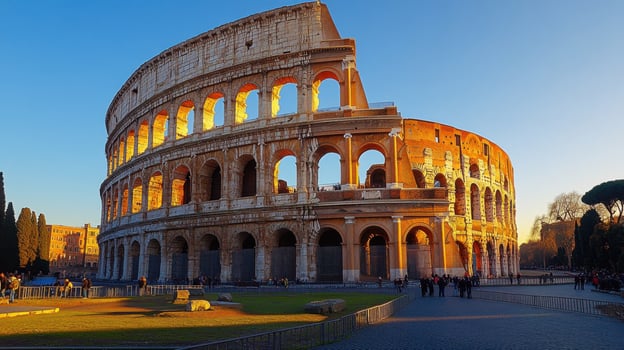 Ancient coliseum in sunlight. Old building. Ruins of a city. Famous landmark. Travel to old place. Day in European country. photo