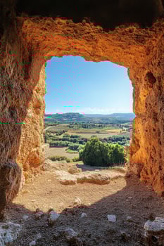 Stone Window View. Landscape with trees and clear blue sky through cave opening. Sunny day with bright light on textured rocks. Scenic landscape. photo
