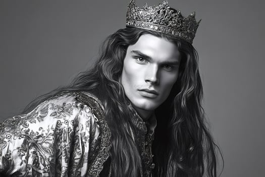 Prince wearing ornate crown and long hair posing in black and white photo