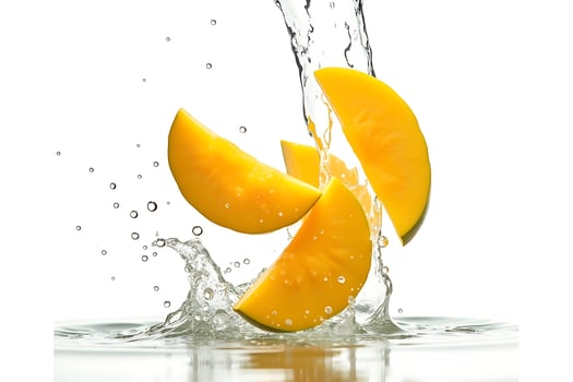 Fresh mango splash a tropical delight with water drops photo