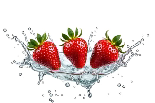Three juicy strawberries fresh splash against white photo
