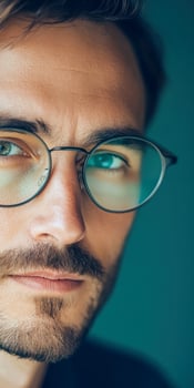 Closeup of young caucasian man with glasses featuring thoughtful expression and soft focus artistic style photo