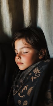 Peaceful child sleeping wrapped in patterned blanket under gentle light, highlighting serene innocence and delicate features photo
