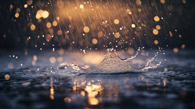 Night rain creates splash on wet surface reflecting bokeh city lights photo