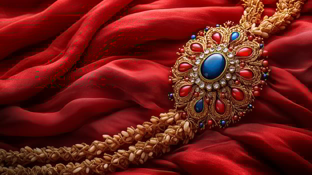 Celebrating Raksha Bandhan with an elegant Rakhi and traditional rice grains on a red textured background photo